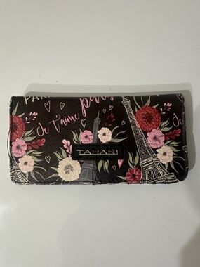 Tahari Paris Floral Print Vegan Leather Black Snap Bifold Wallet